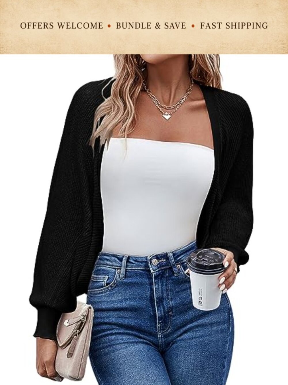 Women's Long Batwing Sleeve Knit Cropped Bolero Cardigan Shrug Open Front